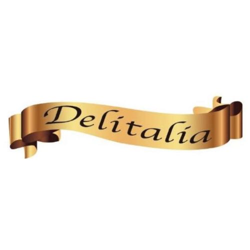 Logo de Delitalia en cinta dorada, empresa de productos italianos en Costa Rica