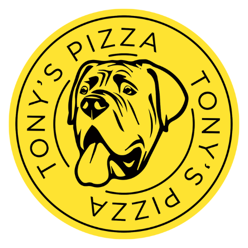 Logo de Tony's Pizza con perro en fondo amarillo